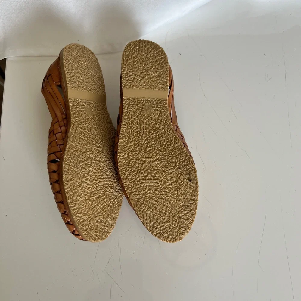 Silva Mexican Huarache Sandals Tan Leather Floral Mandala Woven Flats Womens 8